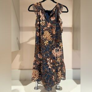 Madewell Flutter Sleeve V-neck Tassel Tie Navy and Brown Dress